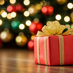 A red gift box with a gold ribbon sits in front of a beautifully decorated Christmas tree.