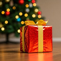 A red gift box with a gold ribbon sits in front of a beautifully decorated Christmas tree.
