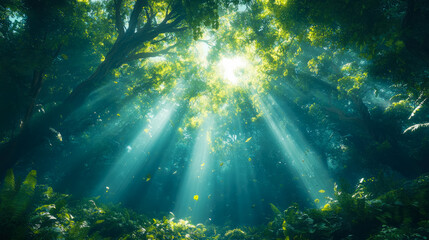Obraz premium Sunbeams Illuminating a Lush Rainforest Canopy: An Enchanting Digital Artwork