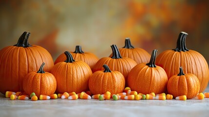 Naklejka premium Halloween pumpkins and candy corn arranged on a white wooden surface, offering a clean background for festive designs