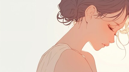 Profile of a young woman with her hair up in a bun, looking down, with soft lighting and a delicate, painterly style, digital illustration with warm, muted colors.