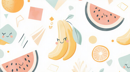 cute-fruit-pattern-banana-watermelon-orange-smiling-cartoon-hand-drawn-illustration-background-design