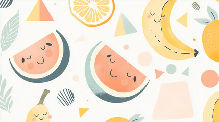 cute-fruit-pattern-banana-watermelon-orange-smiling-cartoon-hand-drawn-illustration-background-design