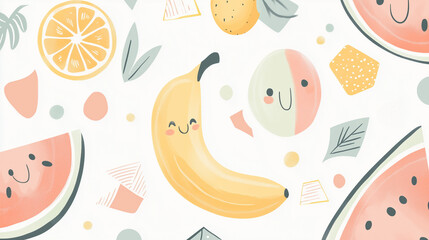 cute-fruit-pattern-banana-watermelon-orange-smiling-cartoon-hand-drawn-illustration-background-design