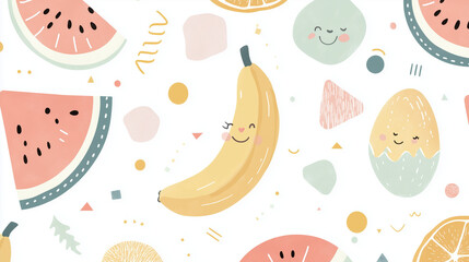 cute-fruit-pattern-banana-watermelon-orange-smiling-cartoon-hand-drawn-illustration-background-design