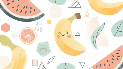 cute-fruit-pattern-banana-watermelon-orange-smiling-cartoon-hand-drawn-illustration-background-design