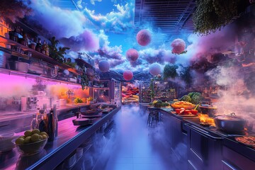 Obraz premium Surreal kitchen scene with floating islands, clouds, and abundant food. Vibrant colors and fantastical elements create a dreamy atmosphere.