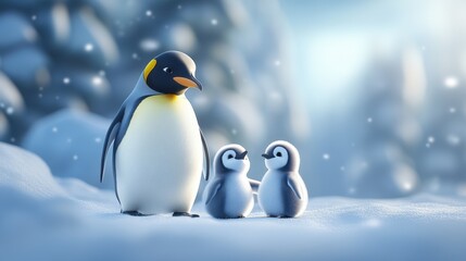 Fototapeta premium Penguin family with babies in a snowy Arctic winter landscape, serene and heartwarming