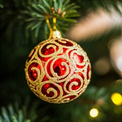 A Christmas tree decorated with red baubles and golden ornaments, creating a festive atmosphere. Defocused background.