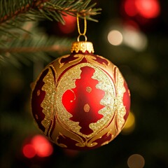 A Christmas tree decorated with red baubles and golden ornaments, creating a festive atmosphere. Defocused background.