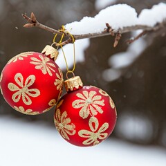 A Christmas tree decorated with red baubles and golden ornaments, creating a festive atmosphere. Defocused background.