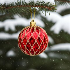 A Christmas tree decorated with red baubles and golden ornaments, creating a festive atmosphere. Defocused background.