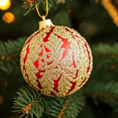 A Christmas tree decorated with red baubles and golden ornaments, creating a festive atmosphere. Defocused background.