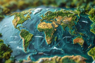 Detailed world map in vibrant colors highlighting geographical features and oceanic regions