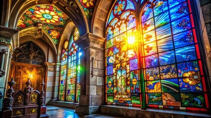 Obraz premium Luminous Portuguese Church Stained Glass Window, Detailed Close-up, High Depth of Field