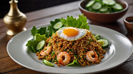Indonesian Fried Rice with Fried Egg and Shrimp - Traditional Asian Cuisine. Foto Nasi Goreng Spesial Estetik