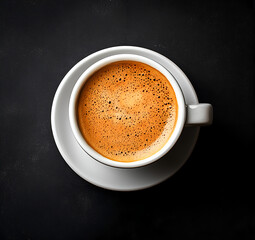 Fototapeta premium white cup of black coffee with bubbles and brown beans floating on the surface, in a white mug