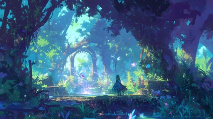 A charming fantasy forest with magical plants and a serene atmosphere, captured in anime style for a whimsical vibe.