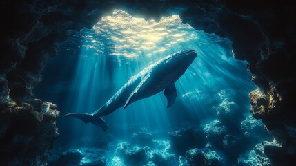 Naklejka premium Whale Swimming Through a Sunlit Underwater Cave. Generative AI
