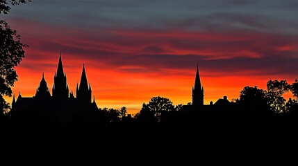 Naklejka premium Silhouette of Churches at Sunset, Dramatic Sky, Gothic Architecture