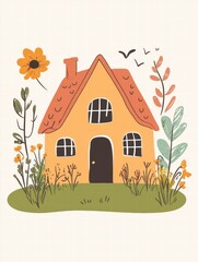Cozy house silhouette with a warm garden surrounded by plants and flowers in a cheerful atmosphere. Generative AI