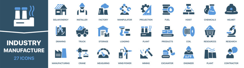 Industry and manufacture colored signed icon collection. Factory, plant, production, crane icons. UI icon set. Colored icons pack. Vector illustration EPS10