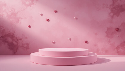 Empty Pastel Pink Podium on Flat Abstract Pink Background with Heart Shape and Copy Space – Platform for Product Placement, Montage, Promotion, Mockup, Wedding, Mother's Day, or Valentine's Day