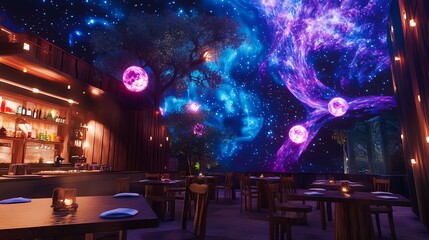 Immersive space-themed restaurant interior.  Tables, bar, and cosmic nebula projection create a unique dining experience.
