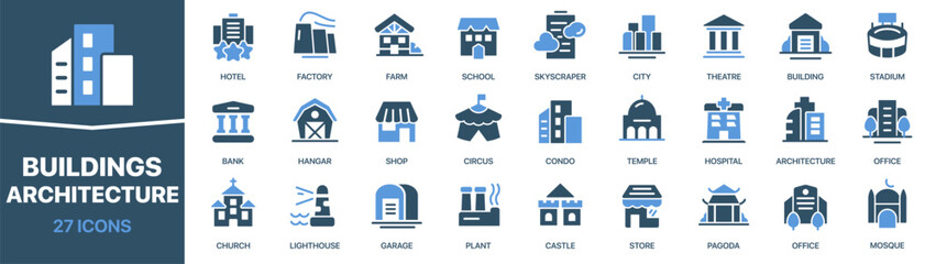 Buildings and architecture colored signed icon collection. Farm, city, temple, shop, office, bank icons. UI icon set. Colored icons pack. Vector illustration EPS10