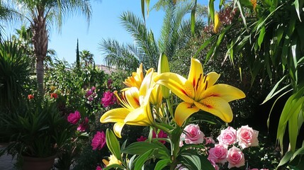 Obraz premium Yellow lilies bloom in sunny garden, pink roses and palm trees in background