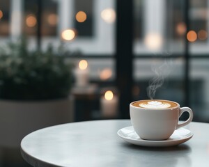 Cozy Interior of a Coffee Shop Featuring a Steaming Cup of Cappuccino on a Marble Table Surrounded by Soft Ambient Lighting