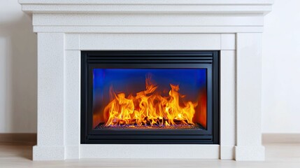 A modern fireplace with a vibrant flame, set in a sleek white mantel, providing warmth and ambiance to a contemporary space.