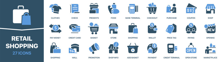 Shopping and retail colored signed icon collection. Store, shop, promotion, purchase, wallet icons. UI icon set. Colored icons pack. Vector illustration EPS10