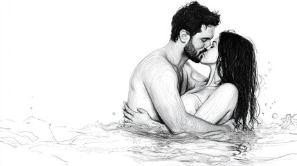 Passionate Embrace in Water: A Black and White Sketch
