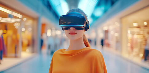 A beautiful woman wearing VR headset enjoys virtual entertainment with happiness in the shopping mall background.	