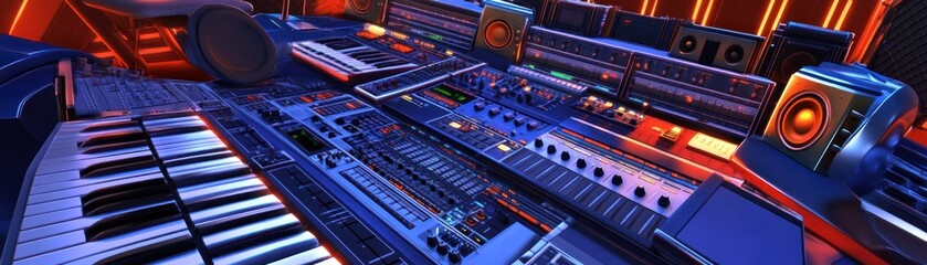 Futuristic Music Studio with Advanced Equipment and Ambient Lighting for Creative Production