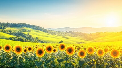 Obraz premium Vibrant Sunflower Field Bathed in Sunrise Glow Over Rolling Hills