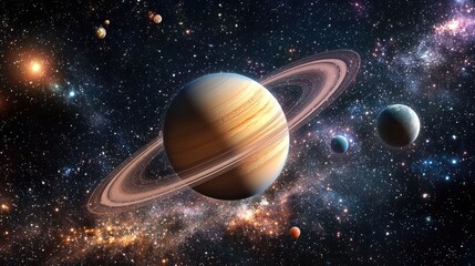 Naklejka premium Stunning View of Saturn and Surrounding Moons in Vast Cosmic Landscape