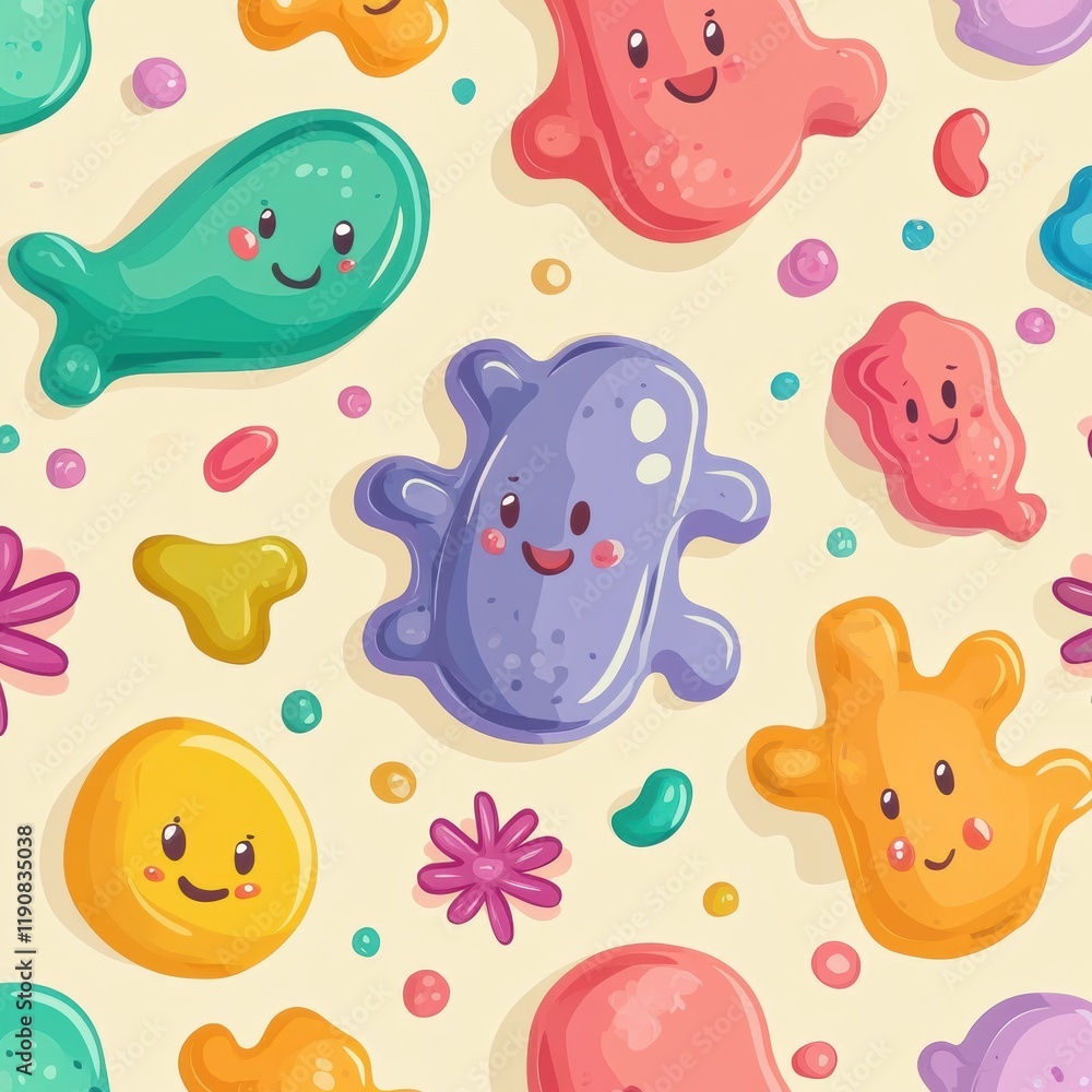 Fototapete playful cartoon microbes smiling in a colorful design with various shapes and sizes. generative ai