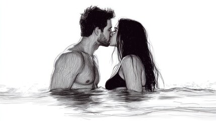 Passionate Kiss in the Ocean: A Black and White Sketch