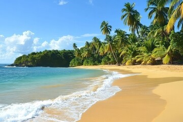 Fototapeta premium Tropical beach paradise; palm trees, clear water, golden sand. Vacation travel background