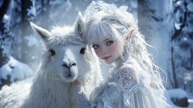 A white elf girl and alpaca in the snow field

