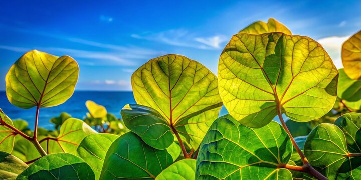 Lush Green Sea Grape Leaves Against Vibrant Blue Sky - Close Up Stock Photo