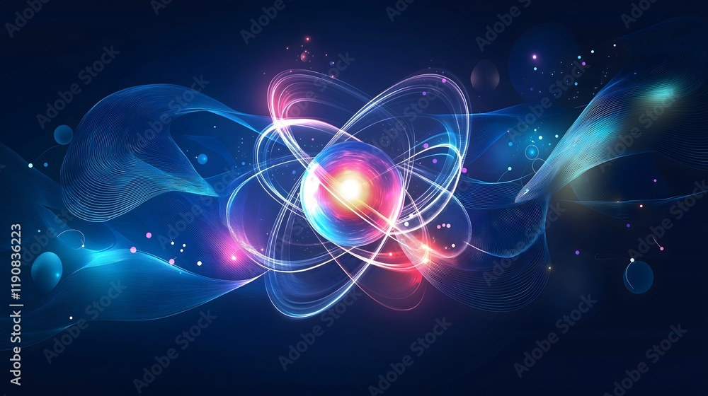 Poster atomic resonance: a stunning, photorealistic rendering of an atom, showcasing its intricate structur