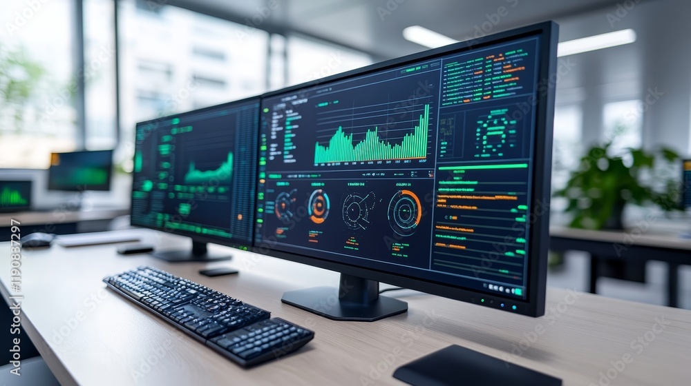 Aufkleber digital business monitoring, data visualization and charts analytics on multi screen workstations.