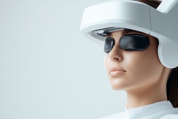Woman undergoing virtual reality experience wearing specialized headset in a modern wellness center