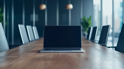 Fototapeta premium Modern Boardroom Setup Featuring Sleek Table and Laptop for Corporate Meetings and Professional Discussions in a Contemporary Office Environment