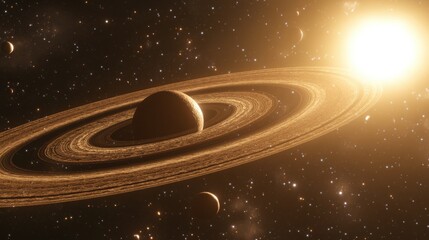 Obraz premium Ringed Planet in Space Illuminated by a Bright Star