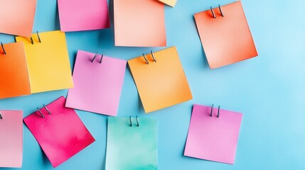 Colorful sticky notes pinned to a bright blue board, showcasing an organized chaos of scattered pastel reminders with a playful and creative tone in low-resolution format.