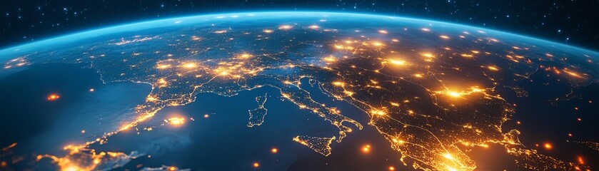 Satellite imagery showing global trade hubs with glowing routes at night